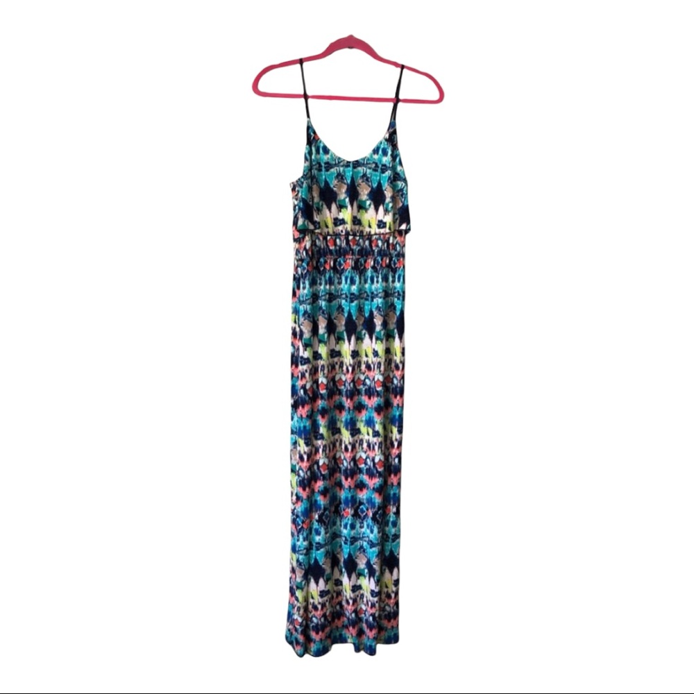 Trixie Spaghetti Strap Watercolored Sexy Maxi Sundress Peplum Dress Blues Greens